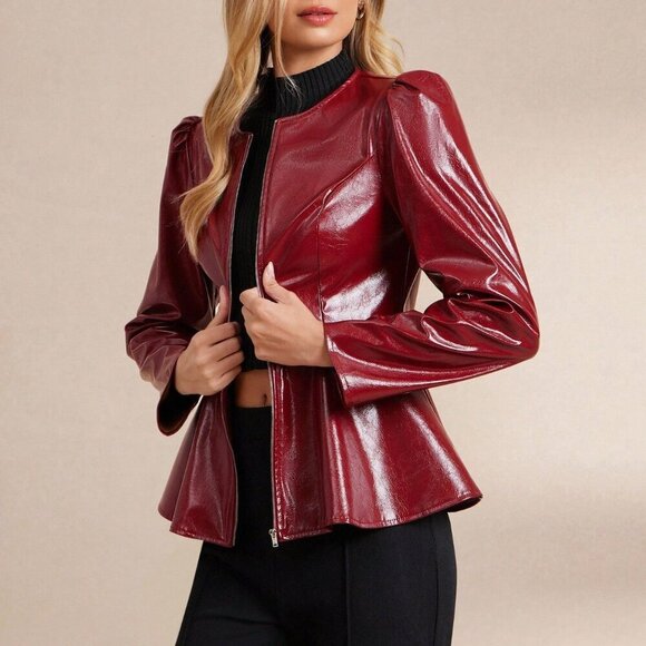 BURGUNDY FAUX LEATHER ZIP UP PUFF SLEEVE FLARED RUFFLED HEM JACKET - Picture 5 of 7